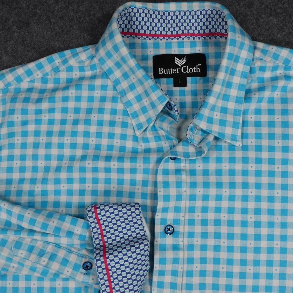Butter Cloth Mens Large Turquoise Blue Gingham Check Button Down Shirt L Cotton